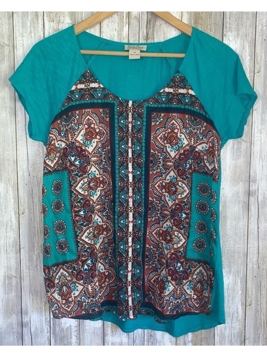 Lucky Brand Tops - Lucky Brand Teal Boho Mixed Media Paisley Print Top Medium Cotton Viscose